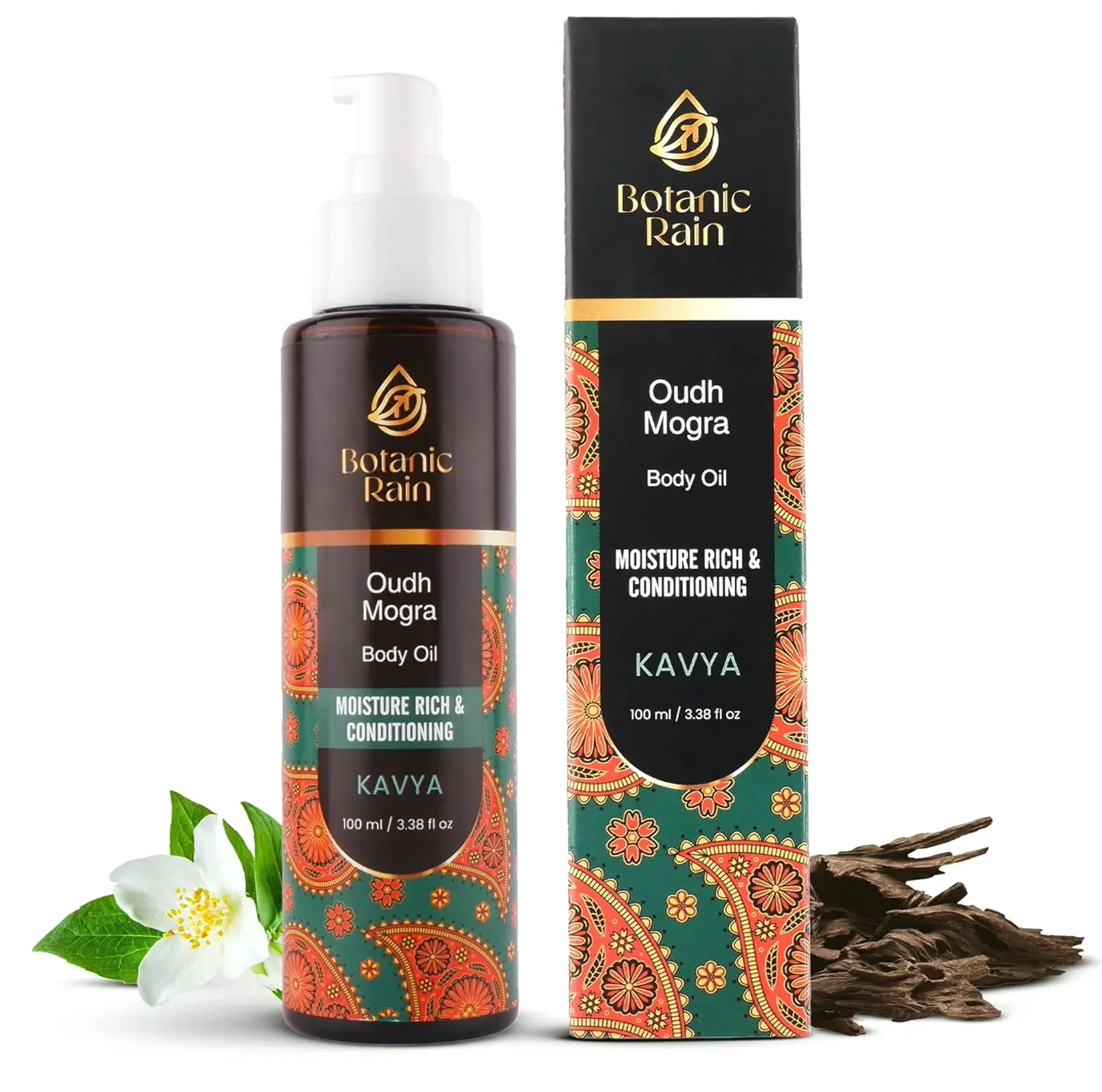 Ayurvedic Body Oil with Oudh & Mogra, Organic Moisturizer for Bath, Suitable for Women & Men, 3.38 Fl Oz