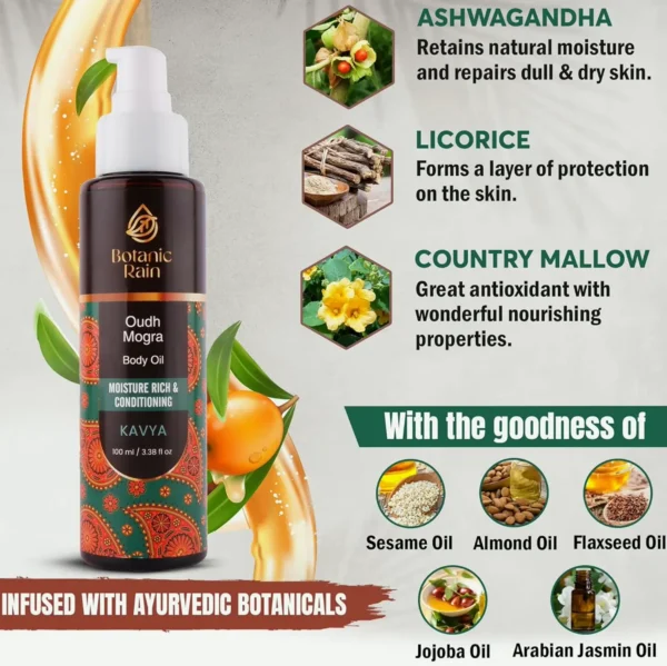 Ayurvedic Body Oil with Oudh & Mogra, Organic Moisturizer for Bath, Suitable for Women & Men, 3.38 Fl Oz