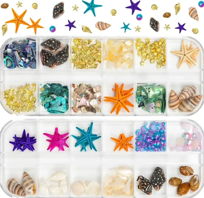 Sea Nail Decorations - 24 Grids with Shells, Starfish & Studs