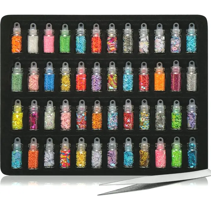 Nail Art Decoration Small Bottles - Forty-Eight Bottles with Free Tweezers